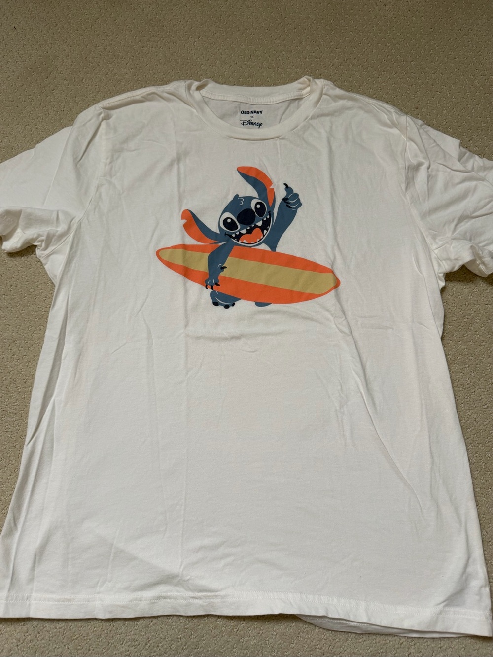 Old Navy White Tee with Blue Stitch and Orange Surfboard